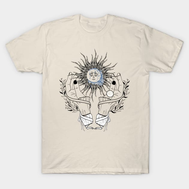 Boho Style Art Sun and Hands T-Shirt by BWXshirts